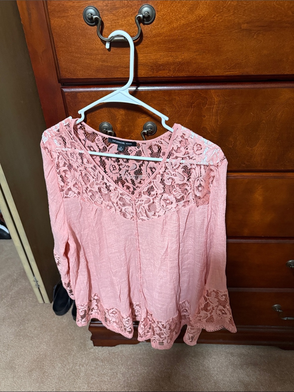 Zac & Rachel Blush Pink Lace-Yoke Boho Blouse